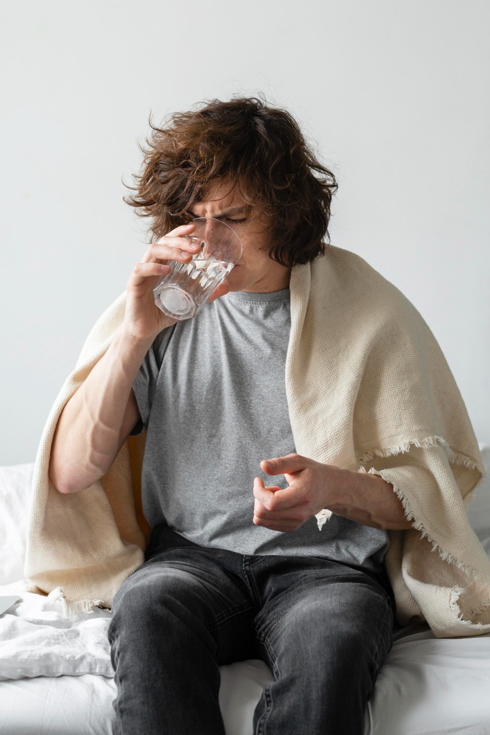 Person drinking water, unwell - disease management